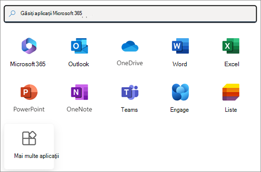 O selecție de aplicații Microsoft 365. Ultima dală este Mai multe aplicații.