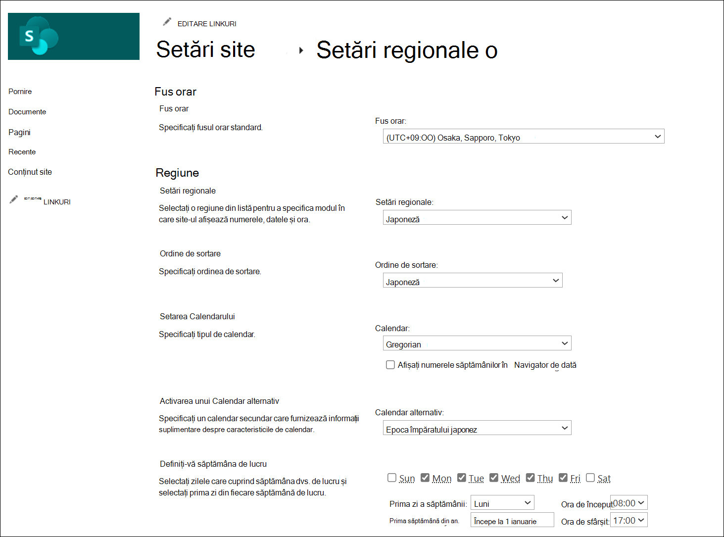 Captură de ecran cu opțiunile de modificare regiune