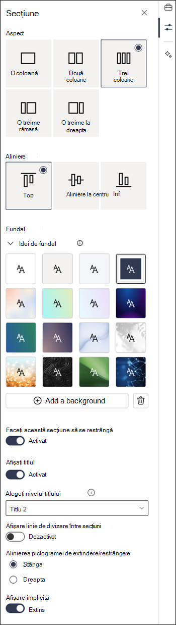 Panoul de proprietăți secțiune cu setările care se pot restrânge activate