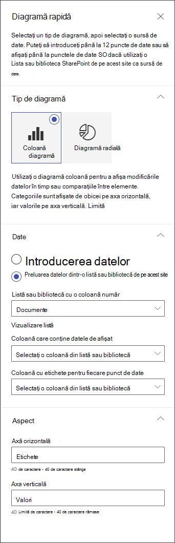 Captură de ecran a panoului de editare a diagramei coloană