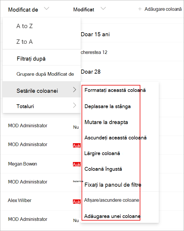 Captură de ecran afișând setările de coloană dintr-o listă, pe care le puteți utiliza pentru a modifica lista.
