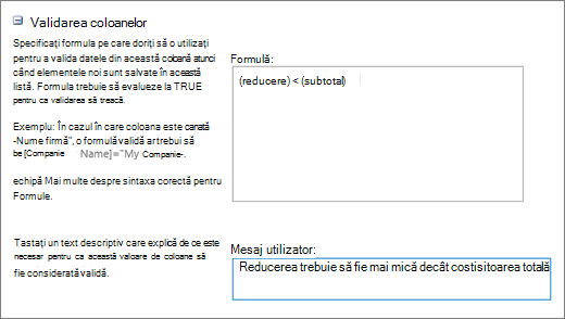 Caseta de dialog Validare coloane cu câmpuri completate cu date eșantion