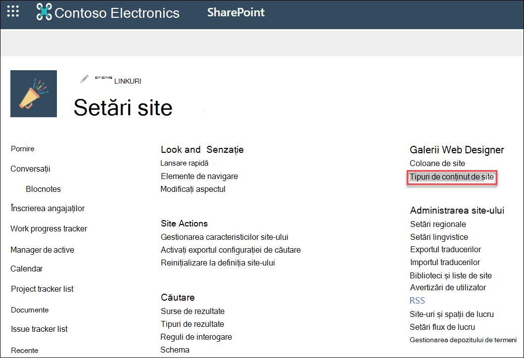 Opțiunea Tipuri de conținut de site din caseta de dialog Setări site.