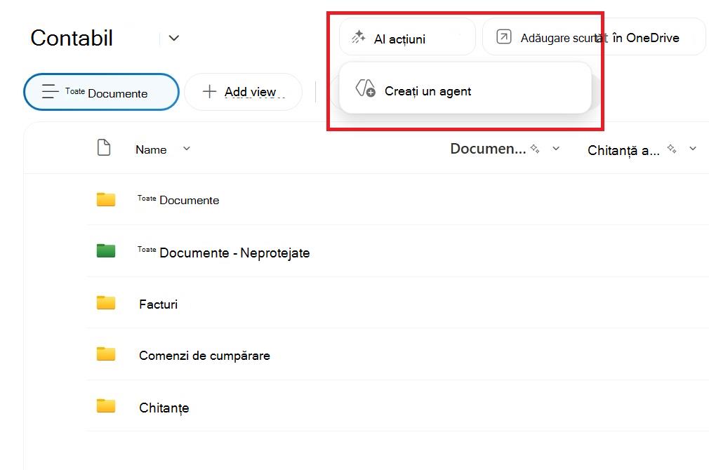 Captură de ecran afișând butonul pentru a crea un agent dintr-o bibliotecă de documente SharePoint.