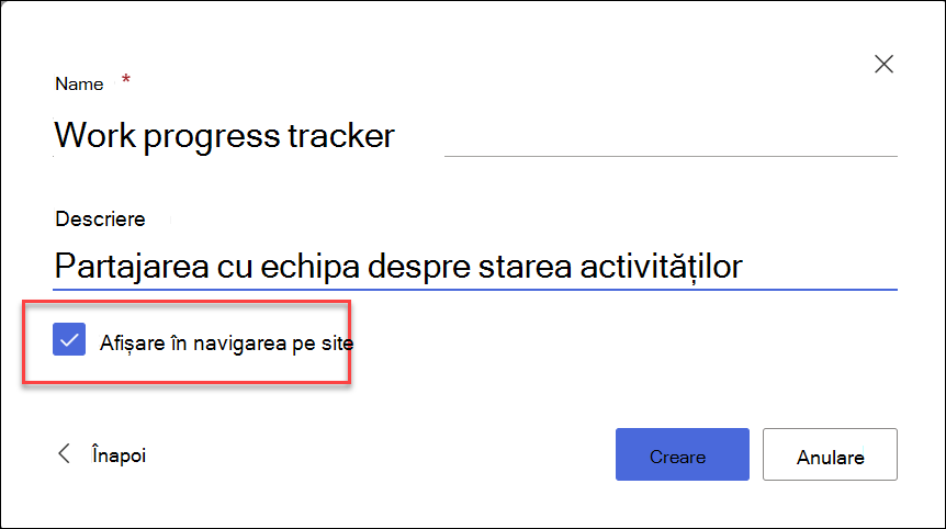 captură de ecran a listei de creare din site-ul SharePoint