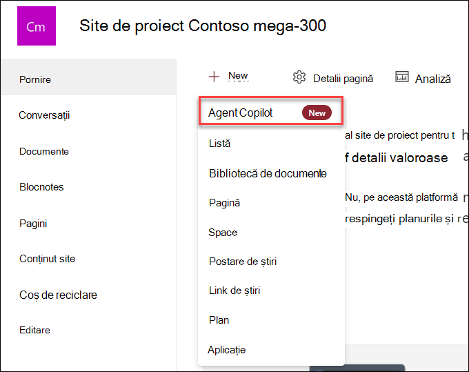 O captură de ecran a creării noului agent copilot din pagina de pornire a site-ului