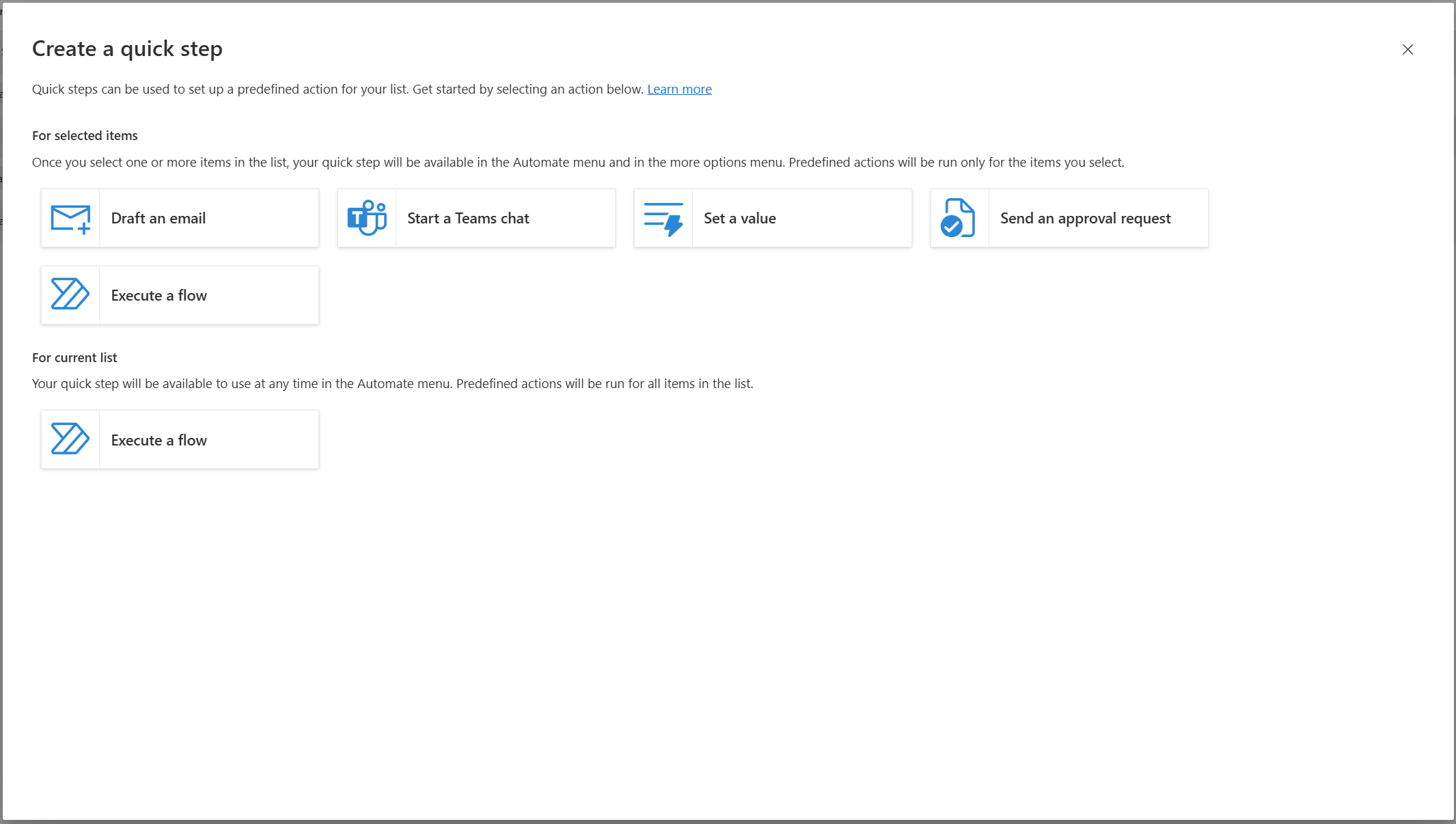 Meniu de dialog pentru a crea un pas rapid