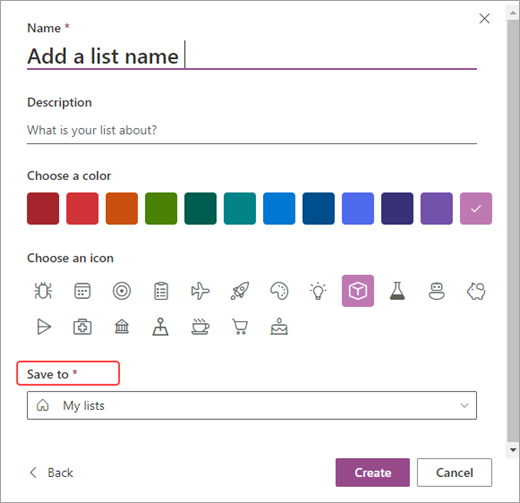 Captură de ecran cu opțiunile de particularizare a listelor din SharePoint.