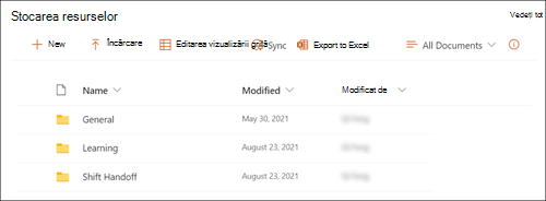 Captură de ecran a părții web Bibliotecă de documente