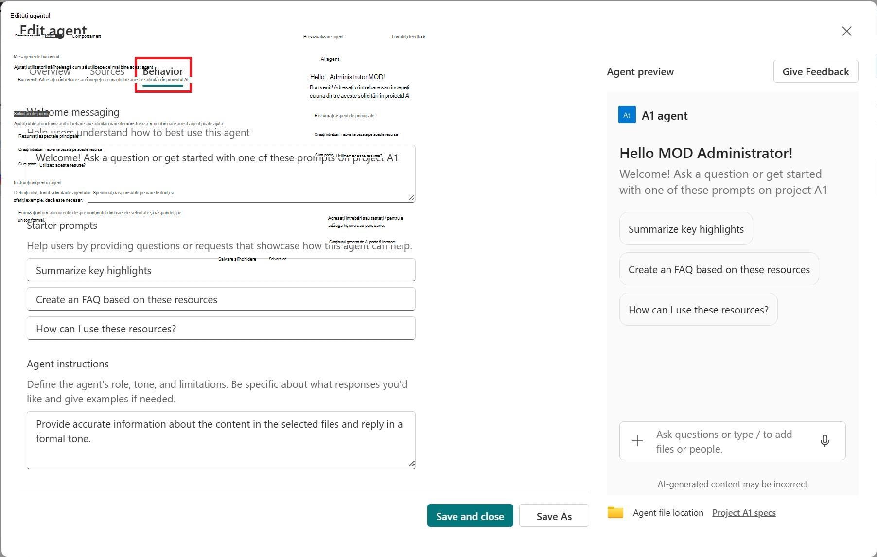 Captură de ecran cu editarea comportamentului și instrucțiunilor agentului SharePoint.