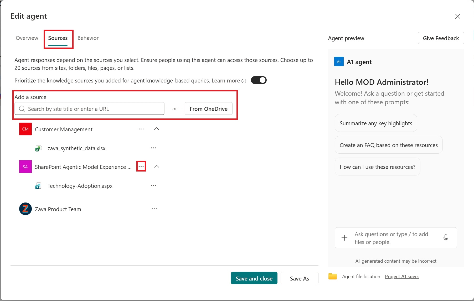 Captură de ecran a filei Surse atunci când editați un agent SharePoint