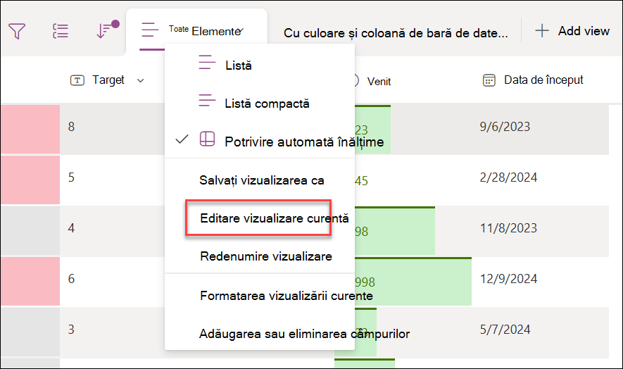 Captură de ecran cu selectarea editării vizualizării curente