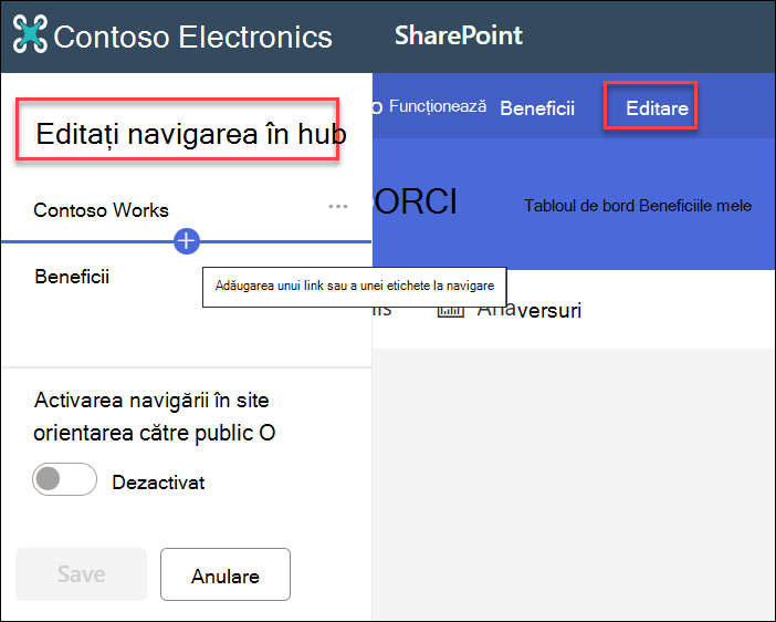 Captură de ecran a navigării în hubul de editare