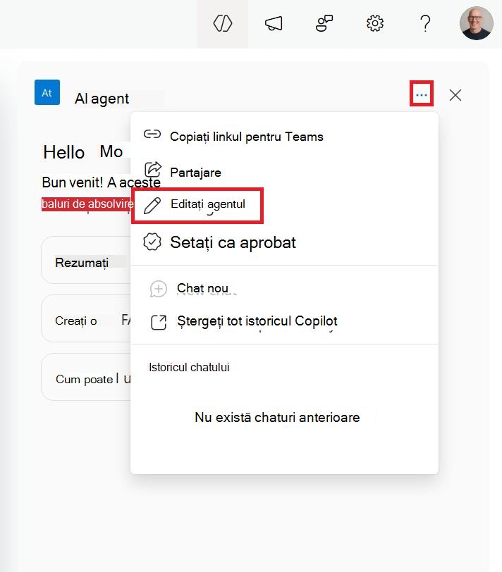 Captură de ecran a meniului pentru a edita un agent SharePoint din sidecar