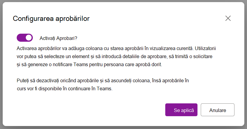 Captură de ecran care afișează opțiunea de dialog pentru activarea aprobărilor