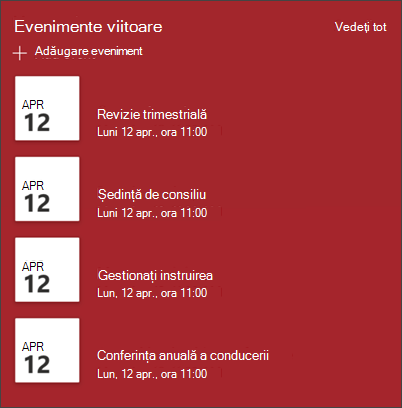 Captură de ecran a părții web evenimente