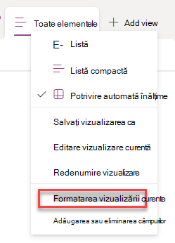 Captură de ecran cu selectarea formatului rândului curent