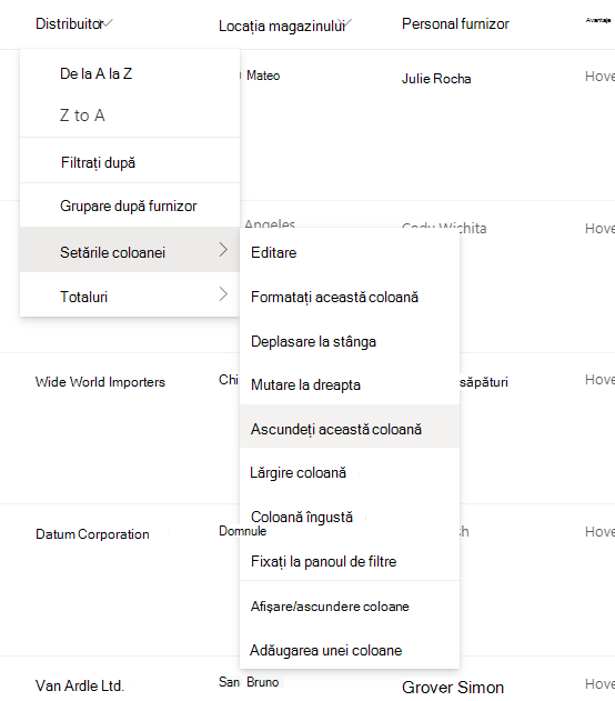 Setările > Coloană Ascunderea acestei opțiuni de coloană atunci când este selectat un titlu de coloană într-o listă sau bibliotecă SharePoint modernă