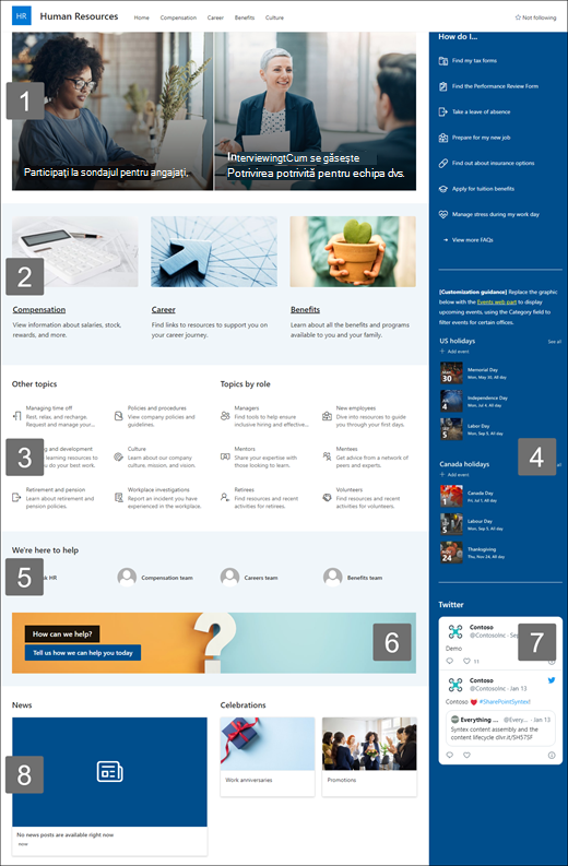 Previzualizarea șablonului de site Gestionarea contractelor care evidențiază părțile web disponibile.