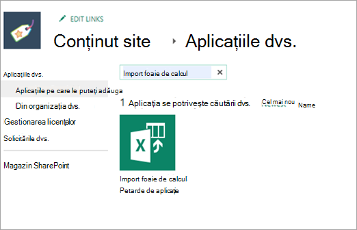 Captură de ecran a foii de calcul de import în Aplicații pe care le puteți adăuga.