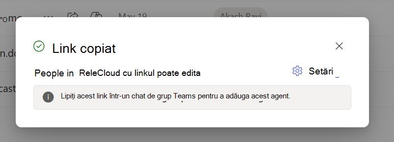 Casetă de dialog pentru a informa utilizatorii că un link de partajare a fost copiat în clipboardul lor.