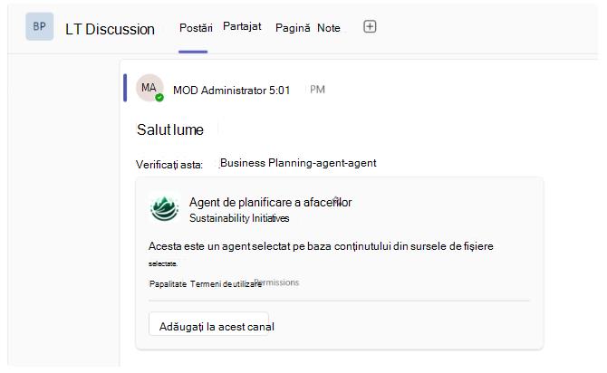 Captură de ecran afișând linkul agentului SharePoint desfășurat în canalele Teams