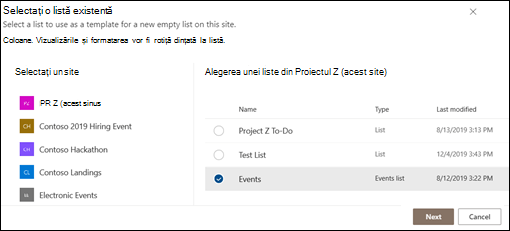 Selectați o listă existentă