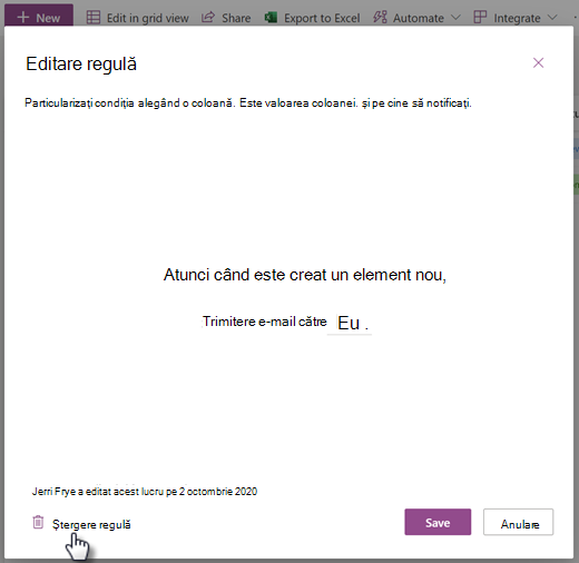 Captură de ecran cu ștergerea unei reguli pentru o listă din pagina Editare regulă.