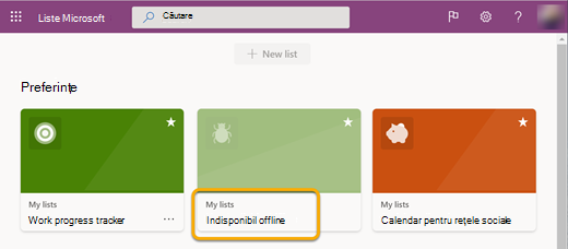 Atunci când lucrați offline, o listă care nu este sincronizată cu dispozitivul dvs. este etichetată ca indisponibilă, deoarece nu o puteți deschide.