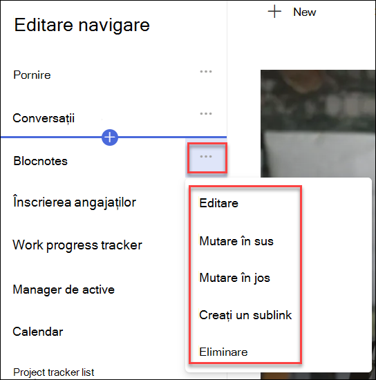 Captură de ecran a meniului contextual de navigare