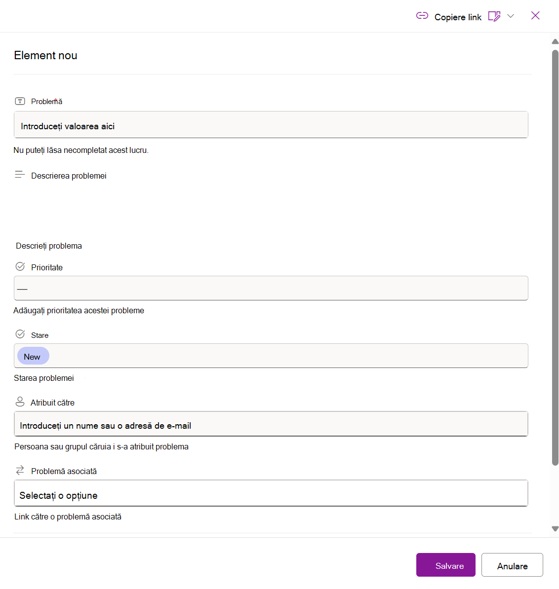 Captură de ecran a formularului Element nou pentru lista de urmărire a problemelor