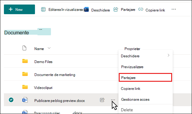 Începerea partajării unui document într-o bibliotecă SharePoint
