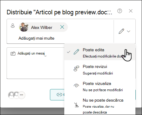 Selectați o setare de permisiune pentru persoanele invitate să partajeze un document
