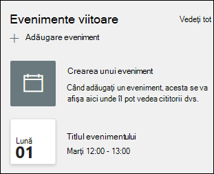 Previzualizarea părții web Evenimente.