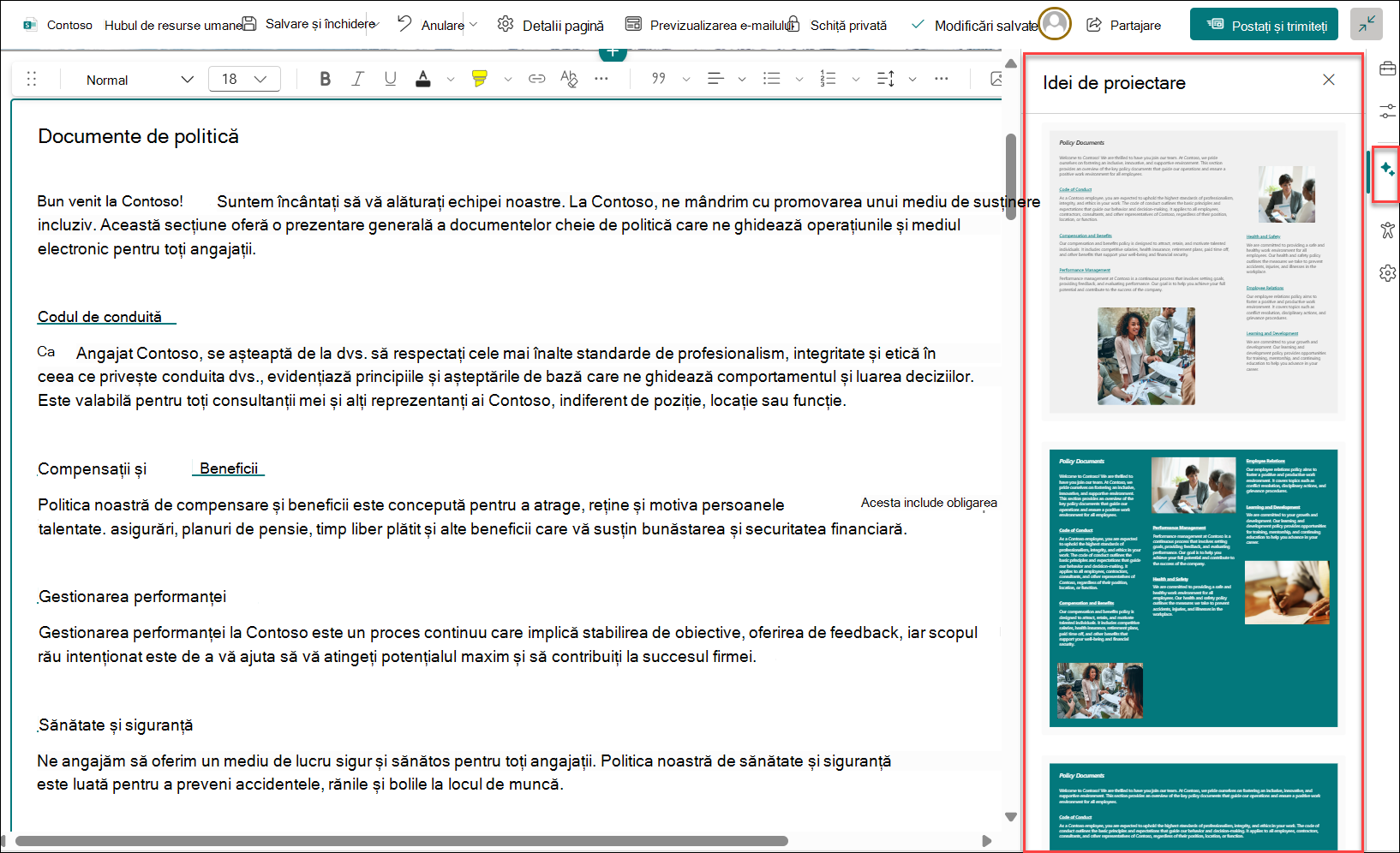 Captură de ecran cu idei de proiectare pentru Pagini