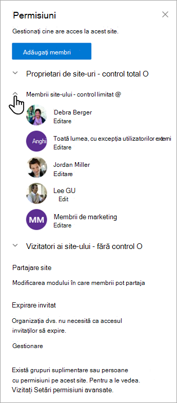 Caseta de dialog Permisiuni care vă permite să gestionați membrii și nivelurile lor de permisiune.