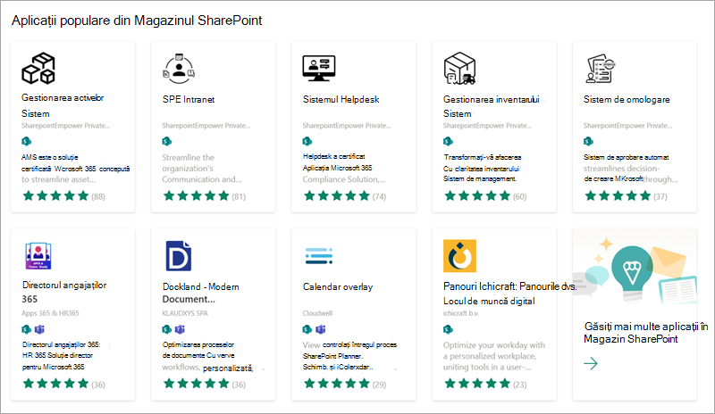 Captură de ecran afișând unele dintre aplicațiile populare disponibile pentru a fi adăugate la site din Magazinul SharePoint.