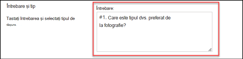 Captură de ecran cu tipul de întrebare