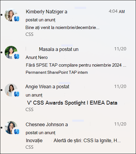 Captură de ecran a unei liste de notificări de știri