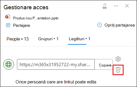 Captură de ecran afișând caseta de dialog Gestionare acces, cu fila link deschisă. Butonul Eliminare link este evidențiat.