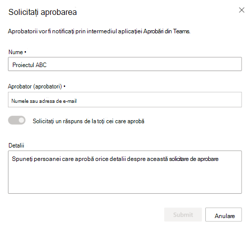 Captură de ecran afișând caseta de dialog Solicitare aprobare.