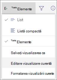 Meniul de opțiuni pentru comutarea vizualizării