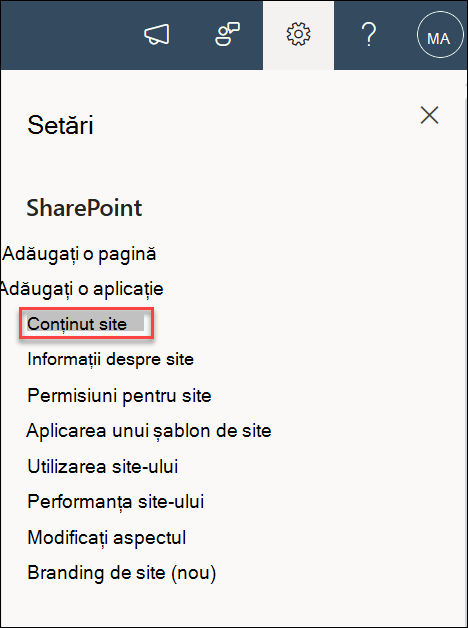Captură de ecran cu Setări Conținut site