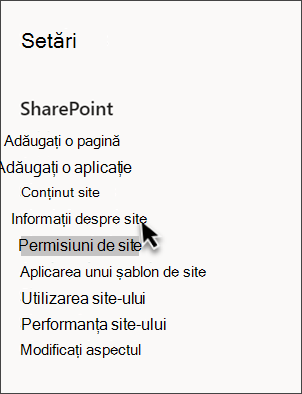 Captură de ecran cu setările SharePoint cu Informații site selectate