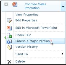 Caseta verticală Document într-o bibliotecă SharePoint. Publicarea unei versiuni majore este evidențiată.