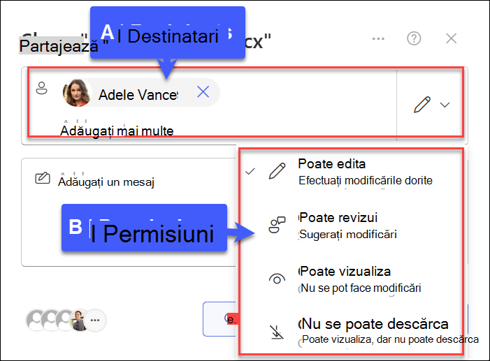 Captură de ecran a funcției Partajat cu anumite persoane