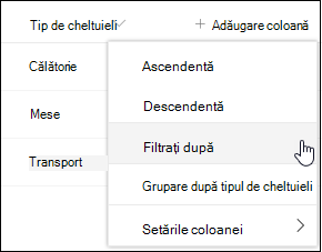 Titlu de coloană SharePoint Opțiunea Filtrare după meniu