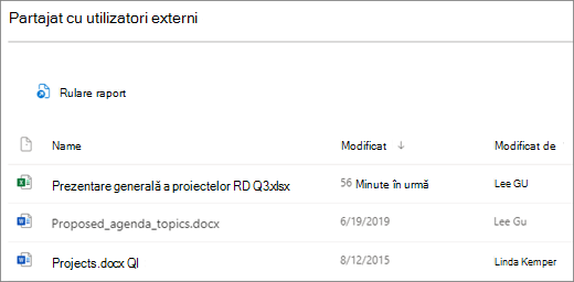 Captură de ecran a fișierelor SharePoint partajate extern. Primele pictograme de coloană sunt tipuri de fișier, următoarea coloană este numele fișierului, a treia coloană afișată este data ultimei modificări a fișierului și a patra coloană arată cine a modificat ultima dată fișierul.