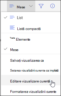 Opțiunea de meniu Editare vizualizare curentă din SharePoint Online