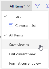 Meniul Vizualizare listă SharePoint Online Opțiunea Salvare ca